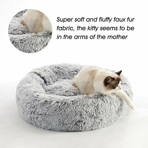 Cat sitting on a round gray fluffy bed