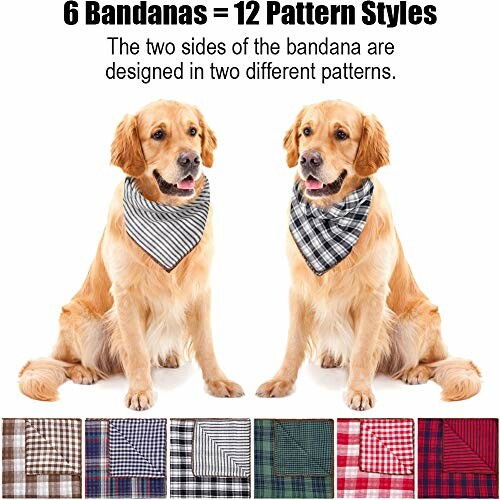 Two golden retrievers wearing plaid bandanas, showcasing different pattern styles.