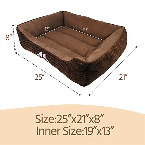 Rectangular dog bed with dimensions labeled 25x21x8 inches, inner size 19x13 inches.