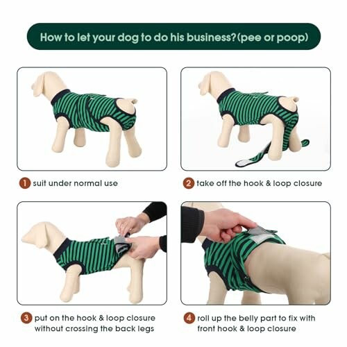 Steps for adjusting dog clothing for bathroom needs, showcasing the ease of use of the product.