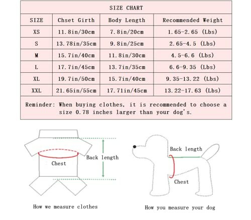 Dog clothing size chart with measurements and guide.