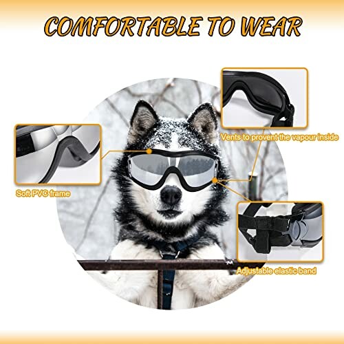 Dog wearing goggles with features highlighted: soft PVC frame, vents, adjustable elastic band.