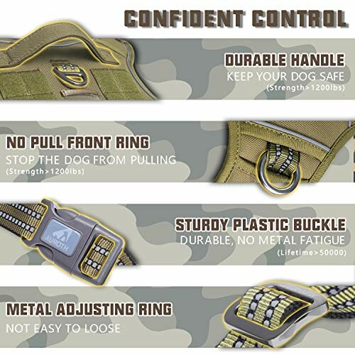 Infographic of dog harness features: durable handle, no pull front ring, sturdy plastic buckle, metal adjusting ring.