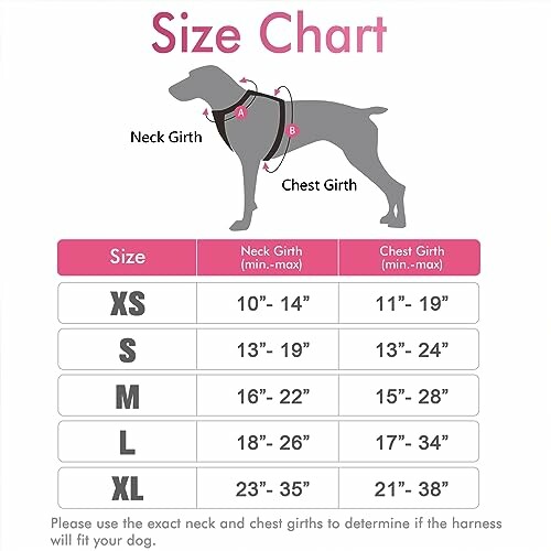 Dog harness size chart with neck and chest girth measurements for sizes XS to XL