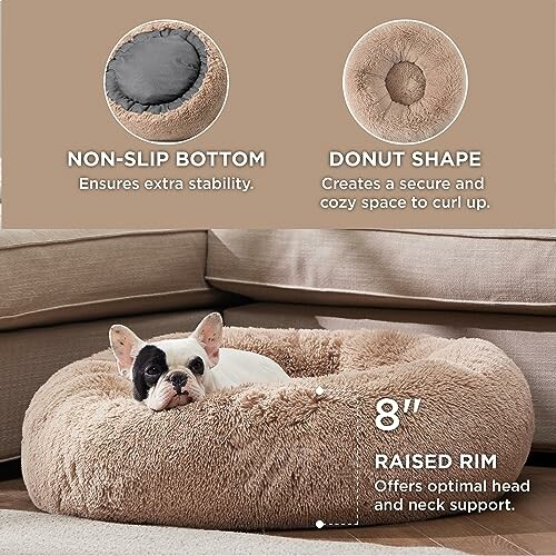 Dog relaxing in a donut-shaped bed with non-slip bottom and raised rim.