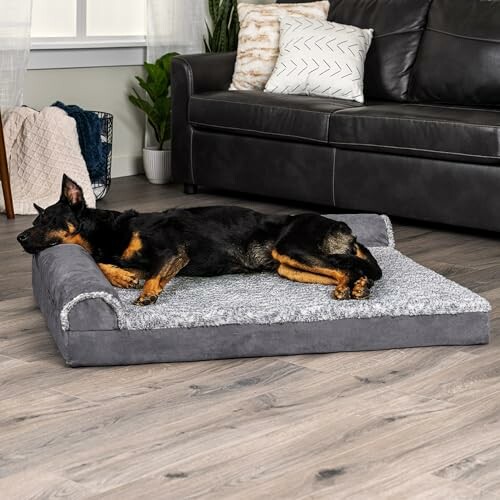 Dog sleeping on a gray pet bed in a living room