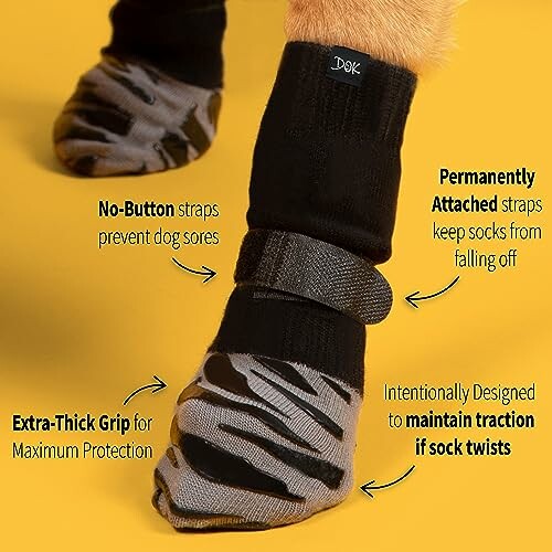 Dog wearing socks with no-button straps and extra-thick grip for protection and traction.