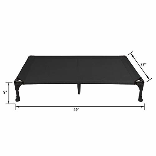 Black elevated dog bed with dimensions of 49 inches by 33 inches.