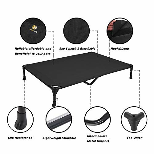 Elevated dog bed with features including anti-scratch fabric, hook and loop, slip resistance, and metal support.