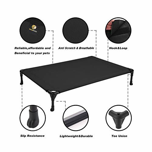 Features of an elevated pet bed, including anti-scratch fabric and durable frame.