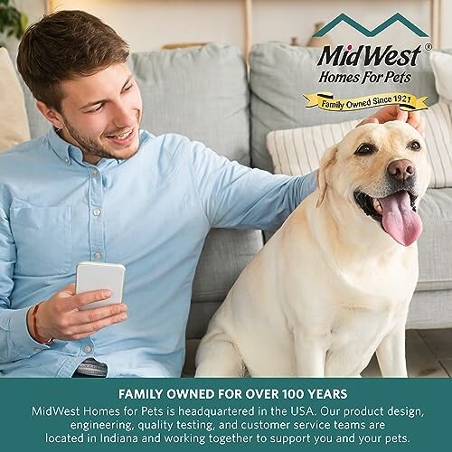 Man smiling with a dog, MidWest Homes for Pets logo.