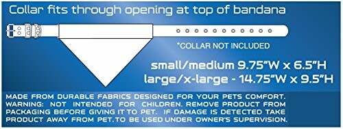 Diagram showing collar fitting through top of bandana with size details.