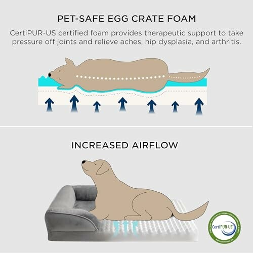 Illustration of pet-safe egg crate foam with a dog, highlighting joint support and increased airflow.