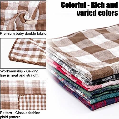 Stack of plaid fabrics in various colors with close-ups of fabric details.