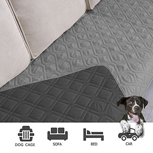 Reversible quilted furniture protector with dog, suitable for dog cage, sofa, bed, and car.