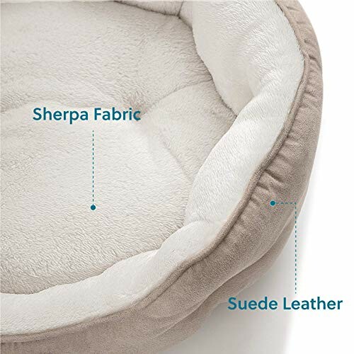 Close-up of pet bed with Sherpa fabric and suede leather.