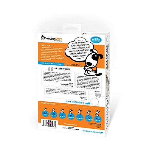 Thundershirt packaging for dogs with product details and cartoon dog illustration.