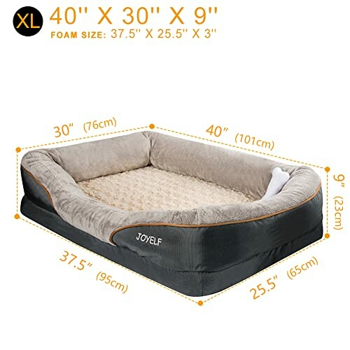 XL dog bed with dimensions and foam size details.